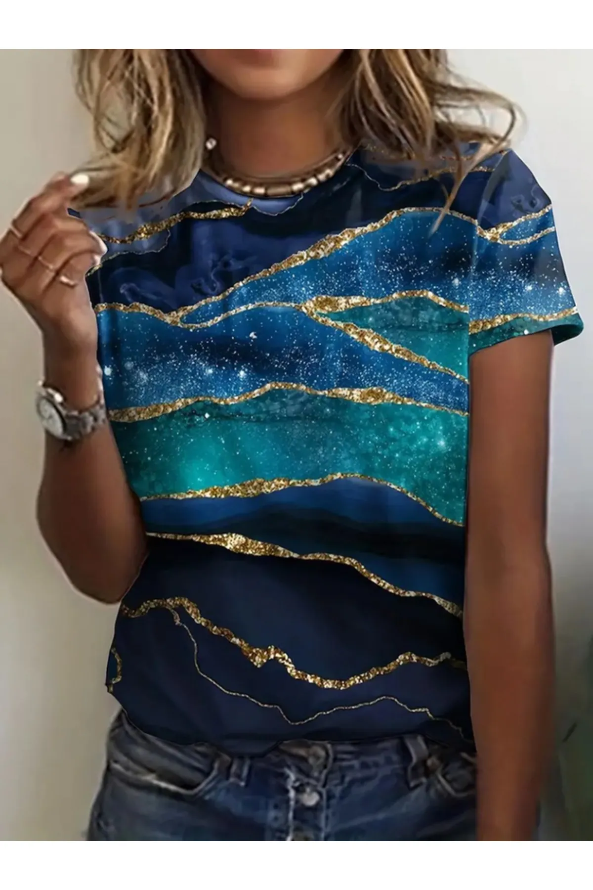 Mavi sim baskılı sandy t-shirt