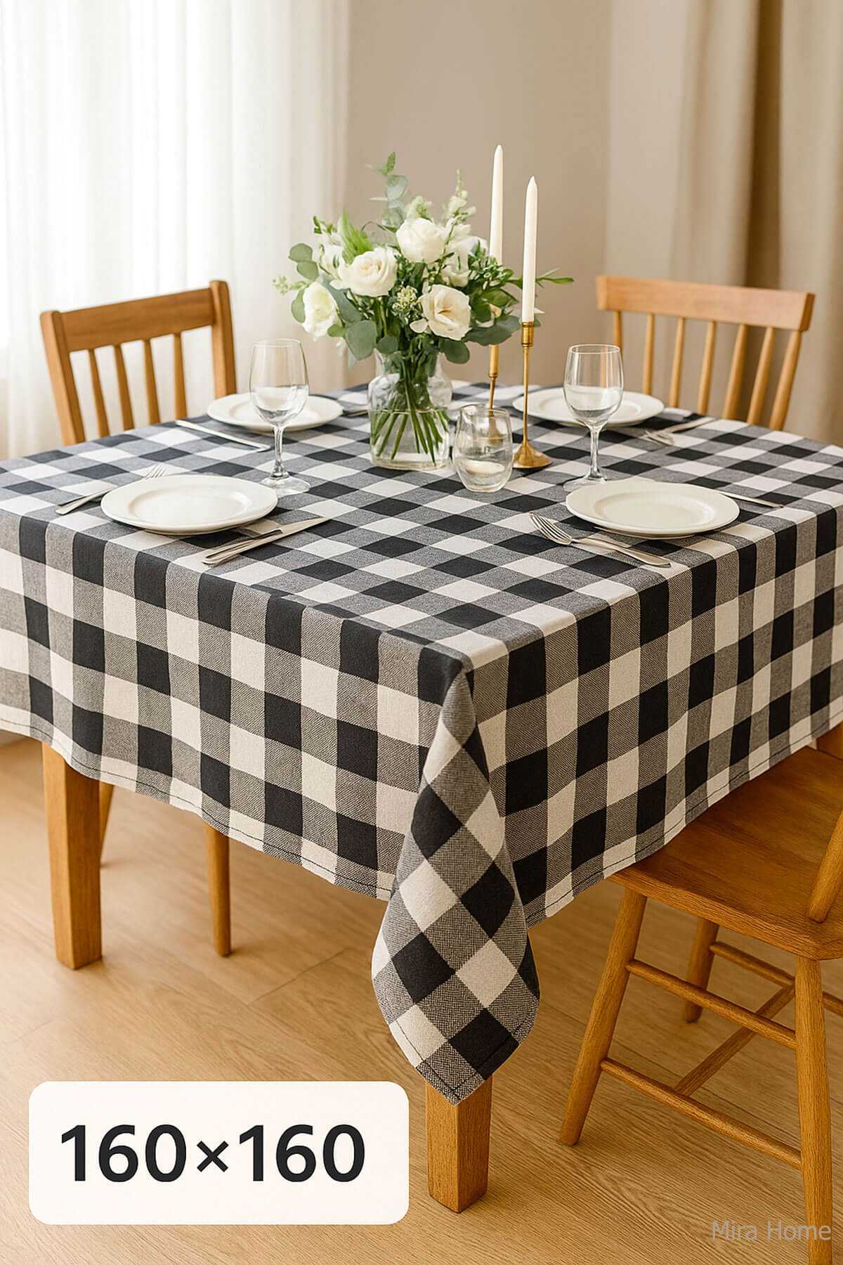 Fiber Kareli Masa Örtüsü Sofra Bezi Ekose Desen 160x160 Cm Siyah
