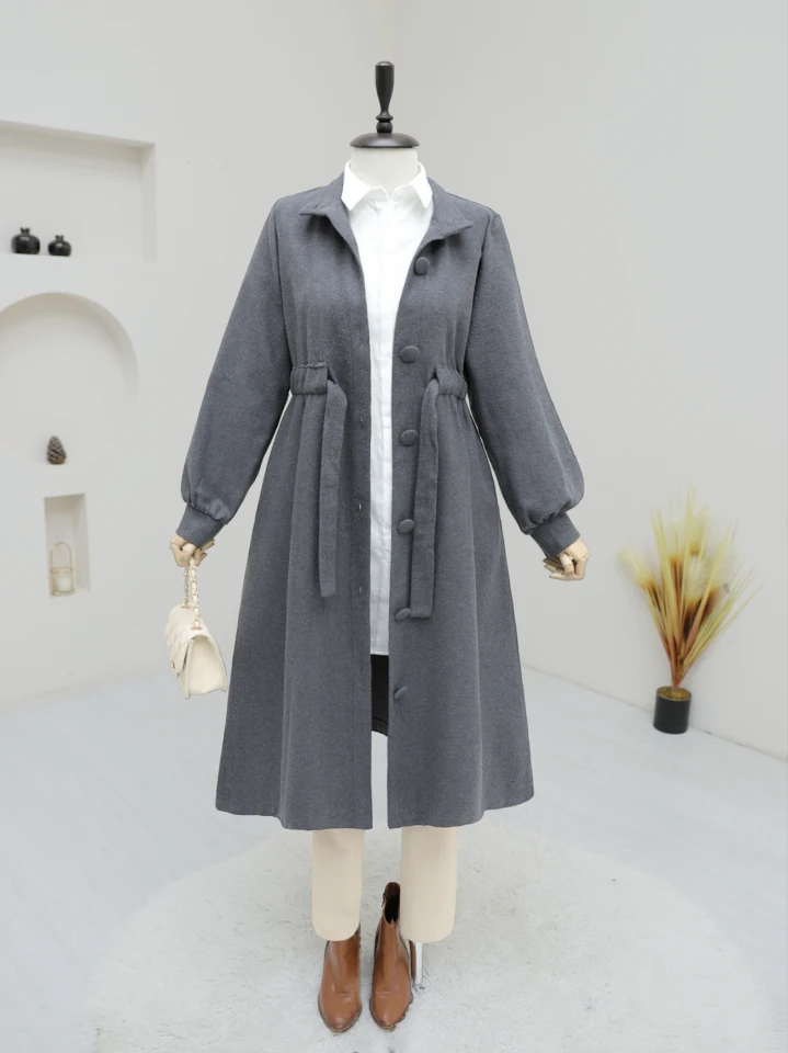 Belden Bağlamalı Top Düğmeli Kaşe Kaban -Füme