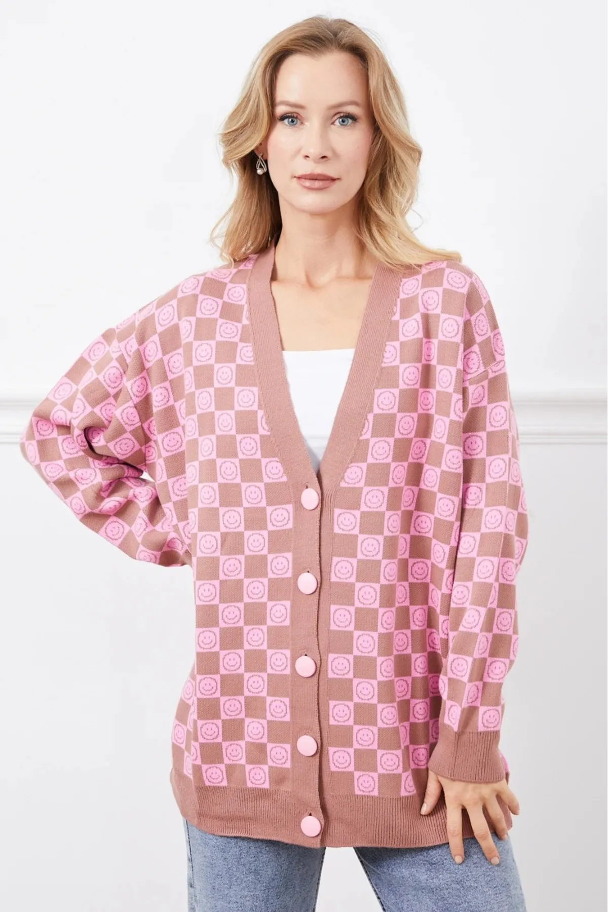 Oversize Desenli Hırka - Pembe