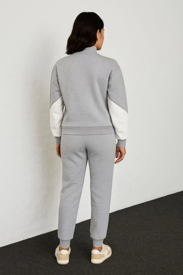 Premium Parçalı Eşofman Takım - Dik Yaka Fermuarlı Sweatshirt - Gri