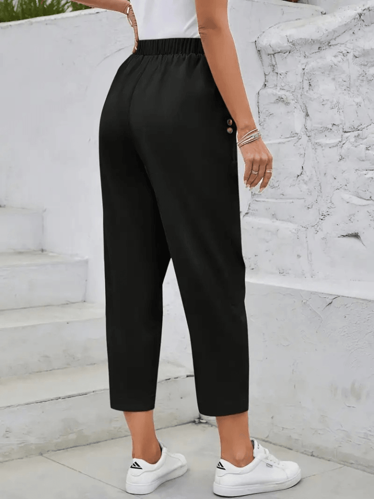 Kadın Yüksek Bel Yandan Cepli Düğme Detaylı Geniş Kesim Ithal Krep Pantolon