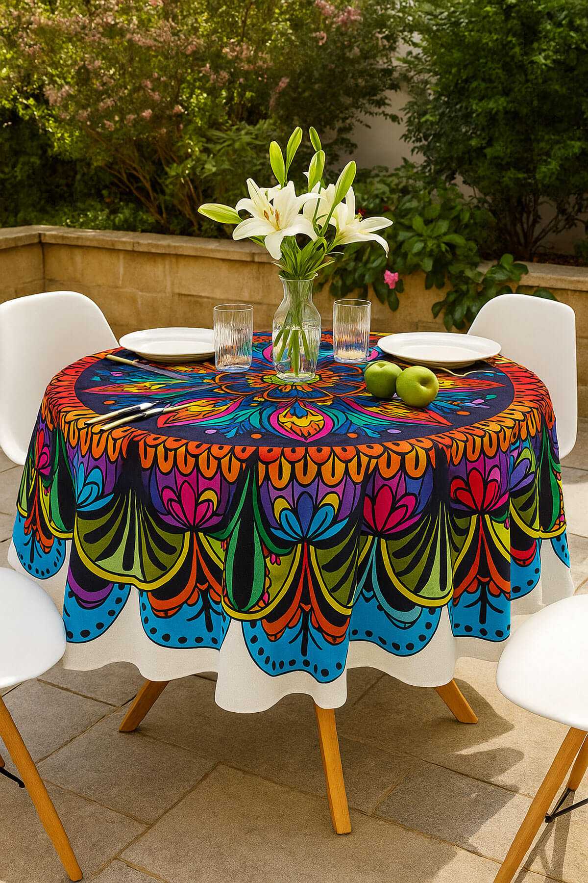 Yuvarlak Etnik Desenli Duck Kumaş Masa Örtüsü 150X150 Cm