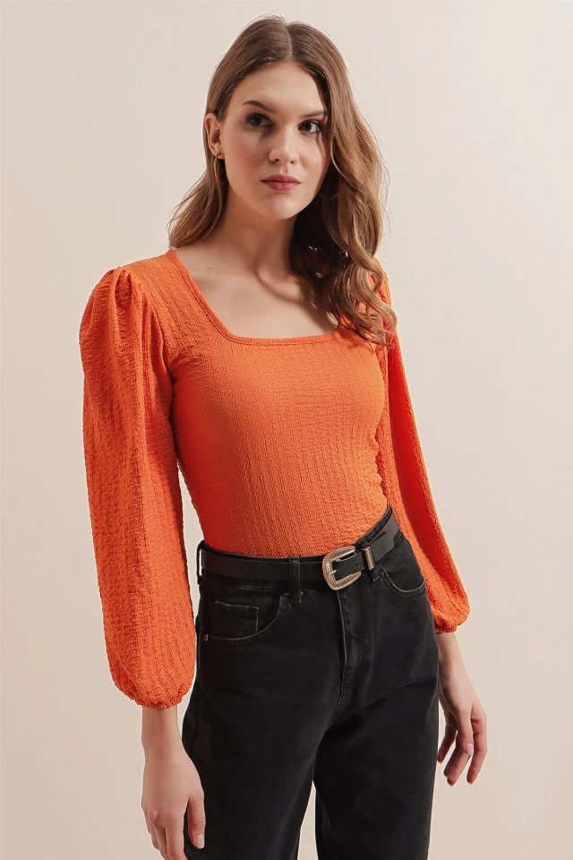 0442 Uzun Kollu Bluz - Turuncu