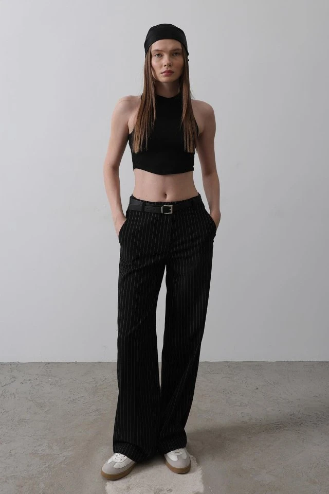 Kemerli Palazzo Pantolon - Siyah-Beyaz