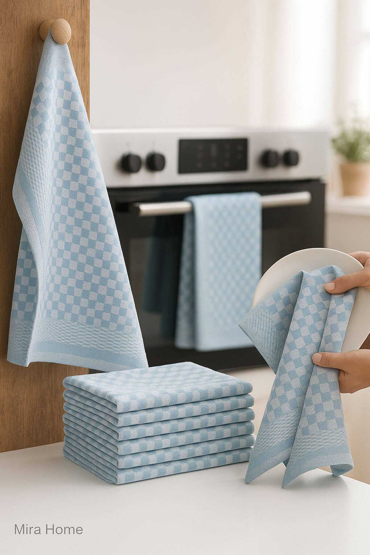 10 lu Dama Desenli Mutfak Kurulama Bezi 50x70 Cm  Mavi