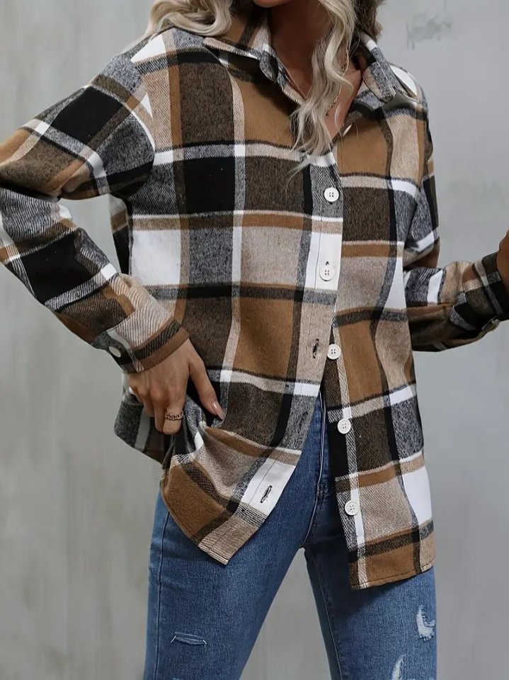 Kadın Uzun Kollu Kare Desenli önden Düğmeli Dokuma Gömlek