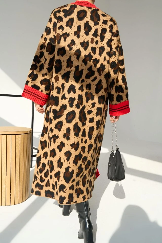 Uzun Leopar Hırka - Camel-Kırmızı