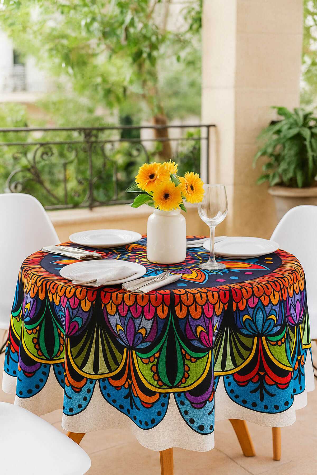 Yuvarlak Etnik Desenli Duck Kumaş Masa Örtüsü 150X150 Cm