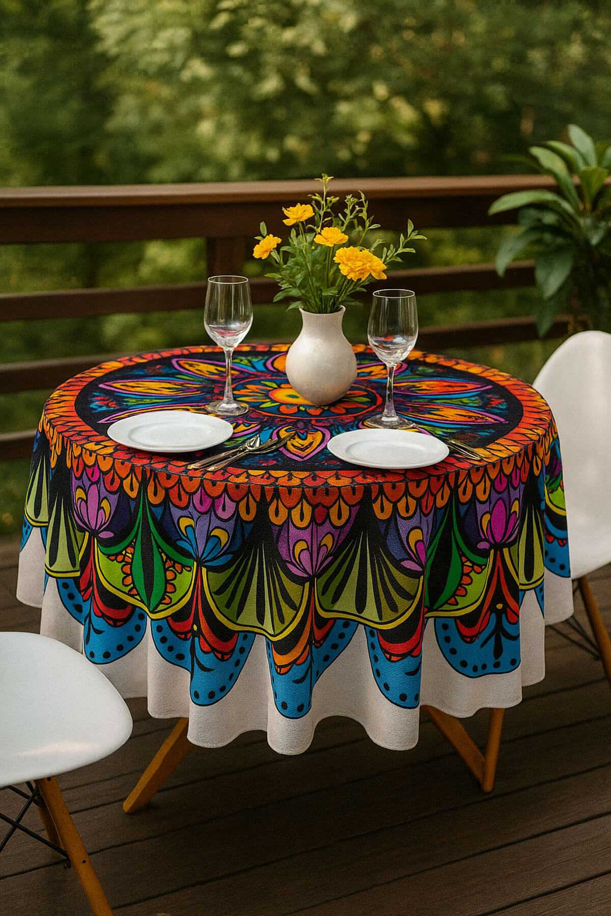 Yuvarlak Etnik Desenli Duck Kumaş Masa Örtüsü 150X150 Cm