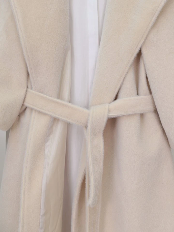 Kolu Ribanalı Şal Yaka Astarlı Kaşe Kaban -Krem