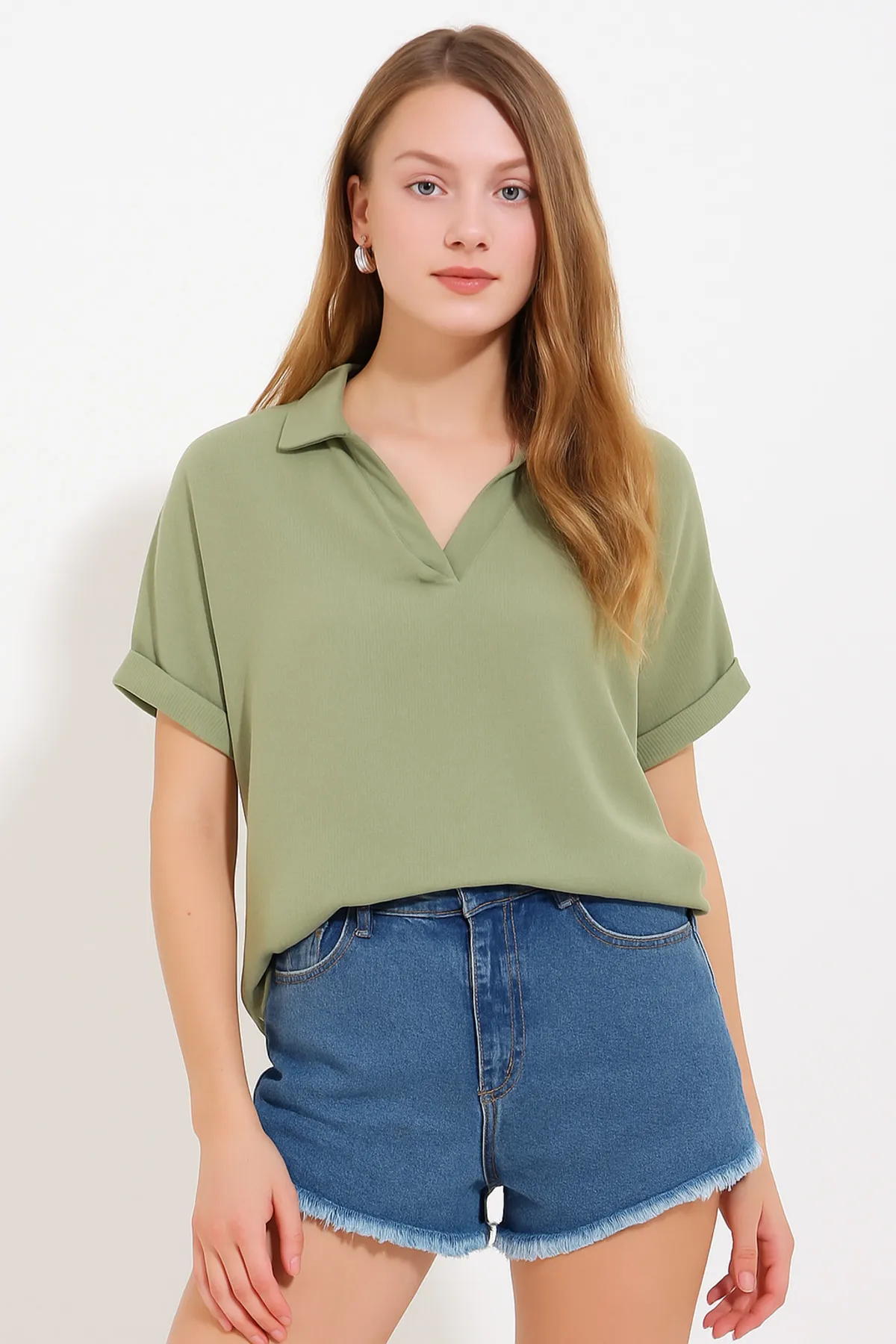 polo yaka rahat kesim yazlık t-shirt/bluz - HAKİ