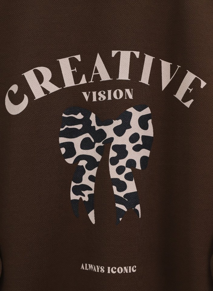 Yuvarlak Yaka Fiyonk Baskılı Leopar Etekli Takım -Kahve