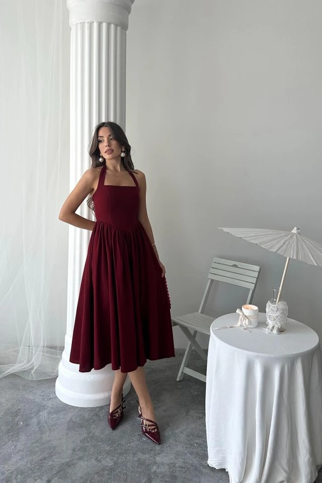 Bordo Boyundan Bağlamalı Keten Elbise