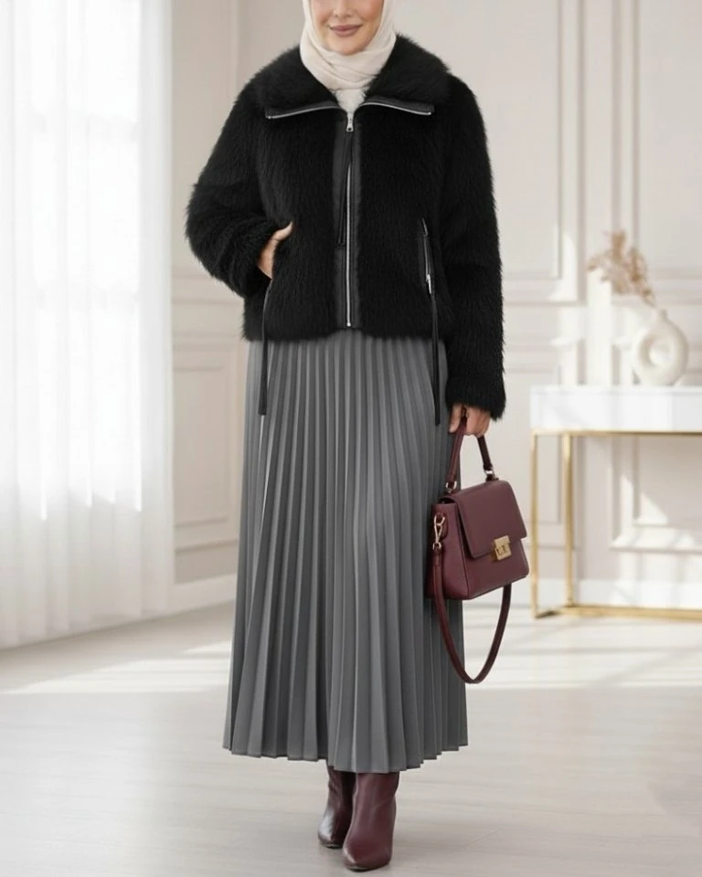 Deri Garnili İçi Astarlı Fermuarlı İp Detaylı Kürk Mont -Siyah