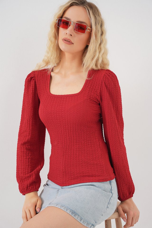 0442 Uzun Kollu Bluz - Kırmızı