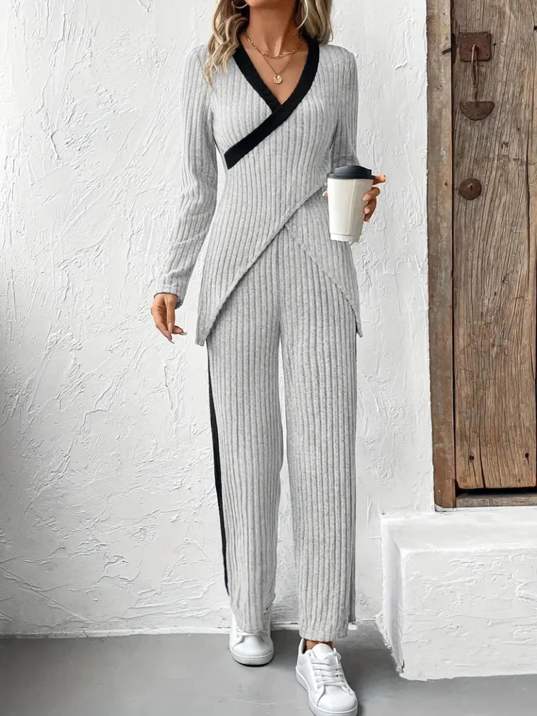 Kadın Uzun Kollu V Yakalı çapraz Detaylı şardonlu Kaşkorse Bluz Ve Pantolon Ikili Takım