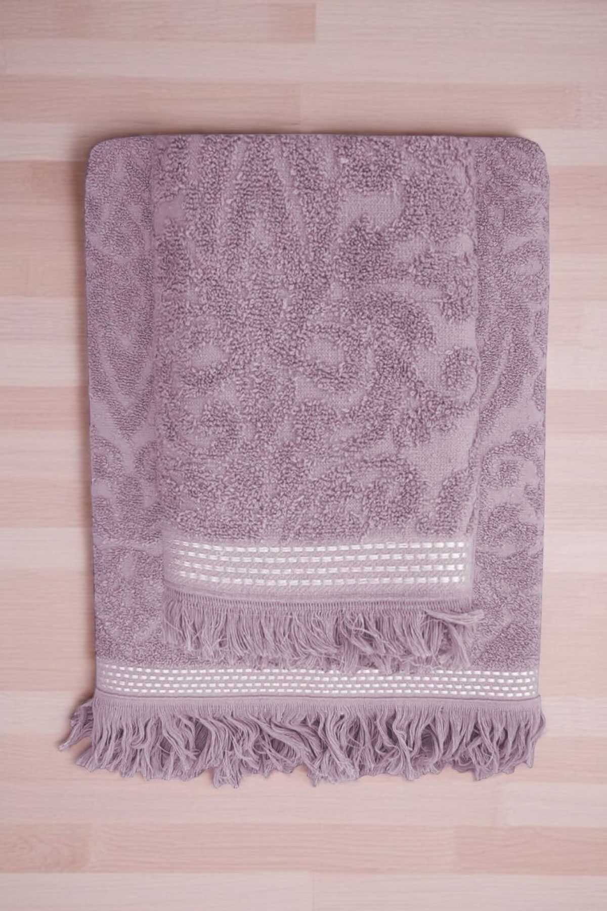2 Parça Jakarlı Banyo Havlu Takımı &amp;#37;100 Pamuklu 90x150 Cm Arden Mor