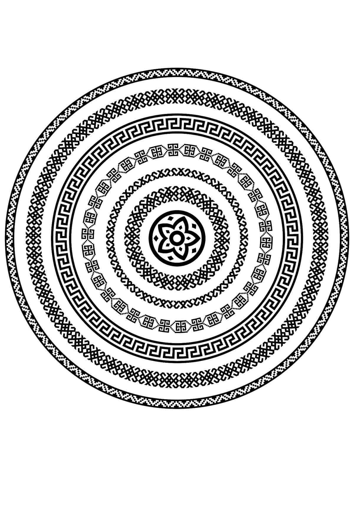 Yuvarlak Geometrik Siyah Desenli Duck Kumaş Masa Örtüsü 150x150 Cm