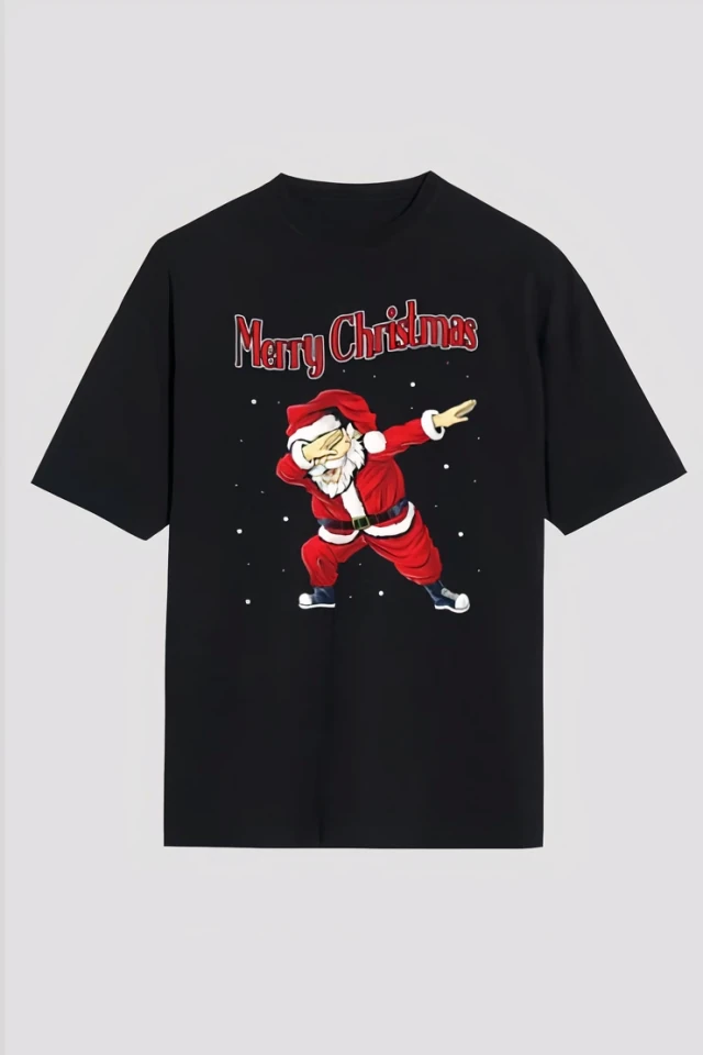 Merry Christmas Baskılı Noel Babalı T-shirt - Siyah