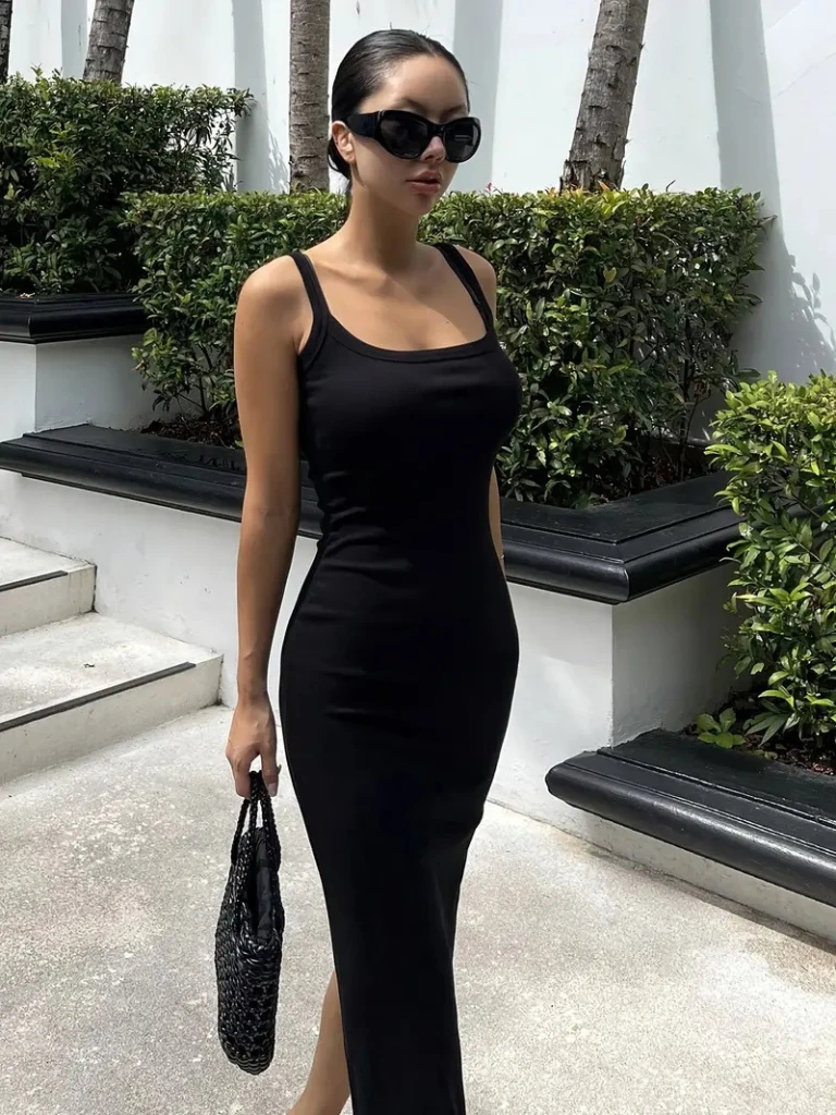 Kadın Ip Askılı Yuvarlak Yakalı Yırtmaçlı Midi Kaşkorse Elbise