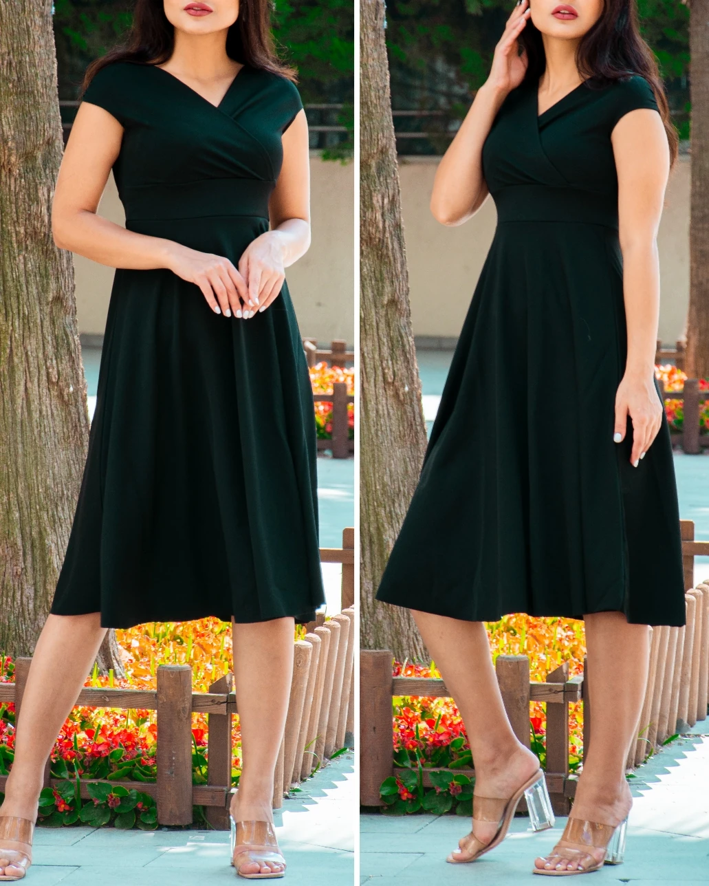 Düşük Omuz Eteği Pileli Krep Kumaş Midi Boy Elbise