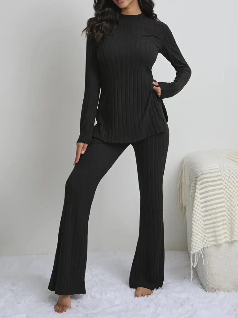 Kadın Uzun Kollu Yuvarlak Yaka Yandan Yırtmaç Detaylı şardonlu Kaşkorse Bluz Ve Pantolon Ikili Takım