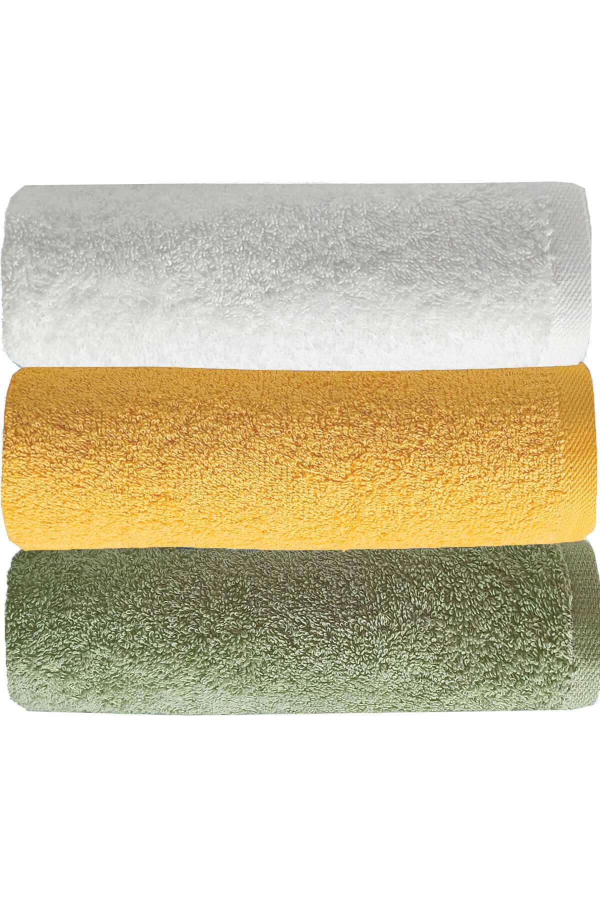 3 lü Düz Renk El Yüz Havlu Seti &amp;#37;100 Pamuklu 50x90 Cm Yeşil Sarı Beyaz