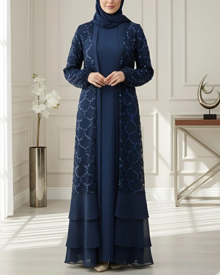 Pul Payetli Eteği Katlı Kemerli İkili Abaya -Laci