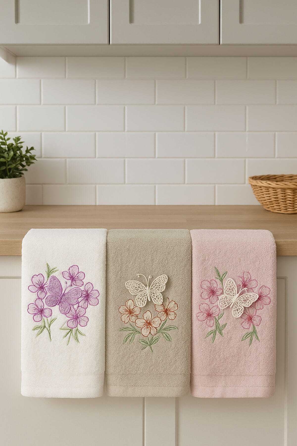 3lü Lüks &amp;#37;100 Pamuklu Mutfak Havlusu Seti 3D Kelebek Aplikeli 30x50 Cm