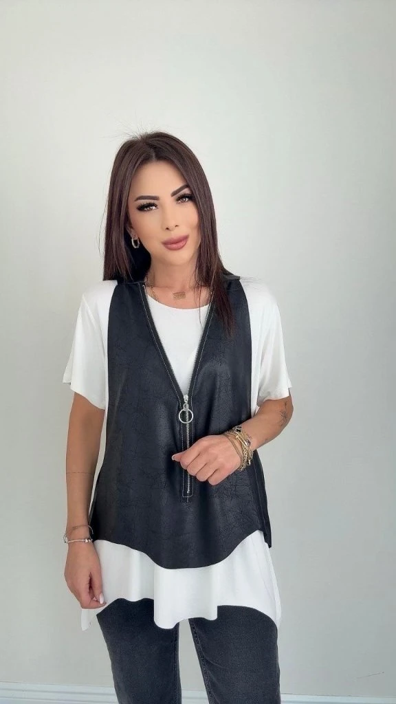 Kadın Kısa Kollu Yuvarlak Yaka Viskon Bluz + Kolsuz Fermuarlı çatlak Deri Yelek