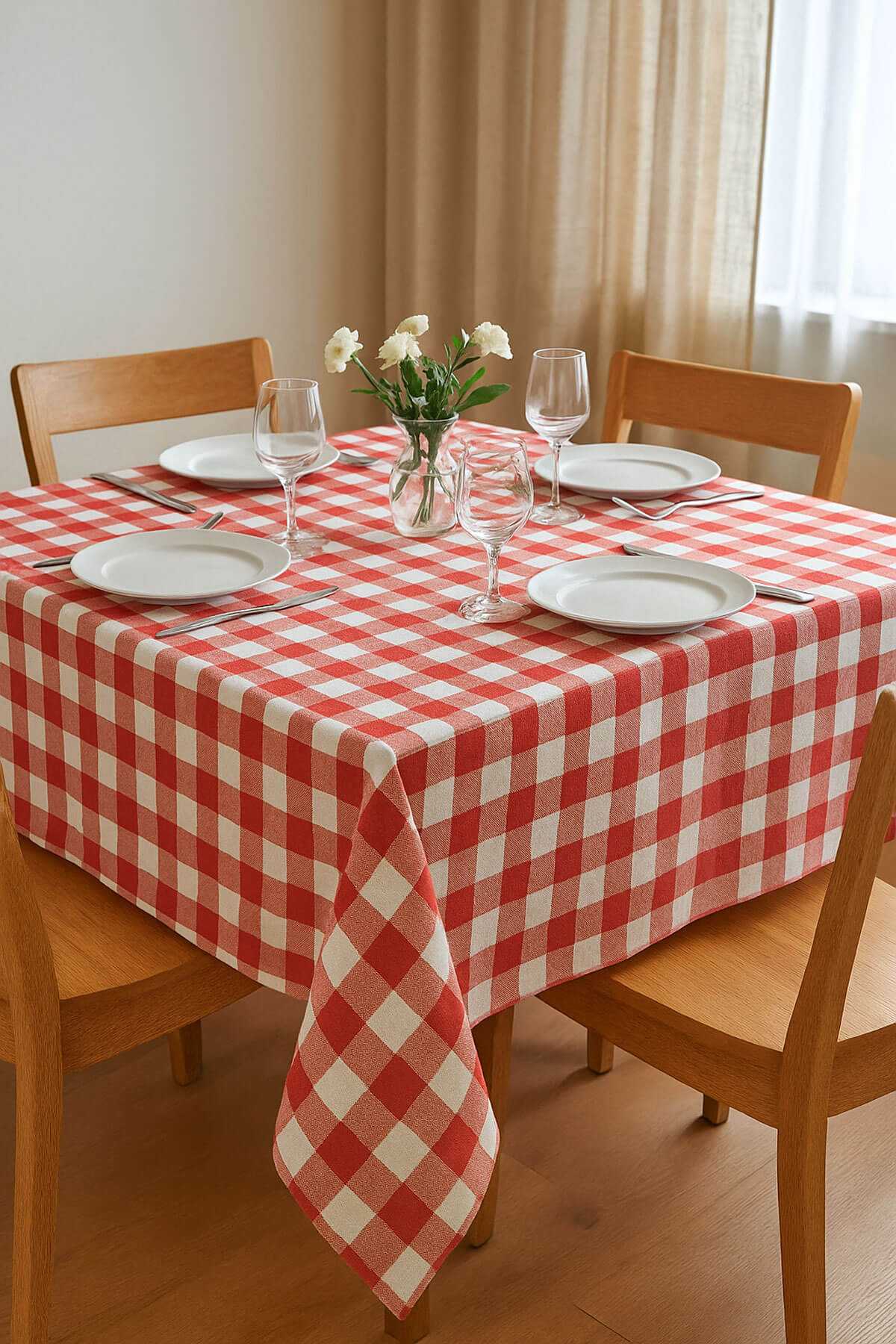 Fiber Kareli Masa Örtüsü Sofra Bezi Ekose Desen 160x160 Cm Kırmızı