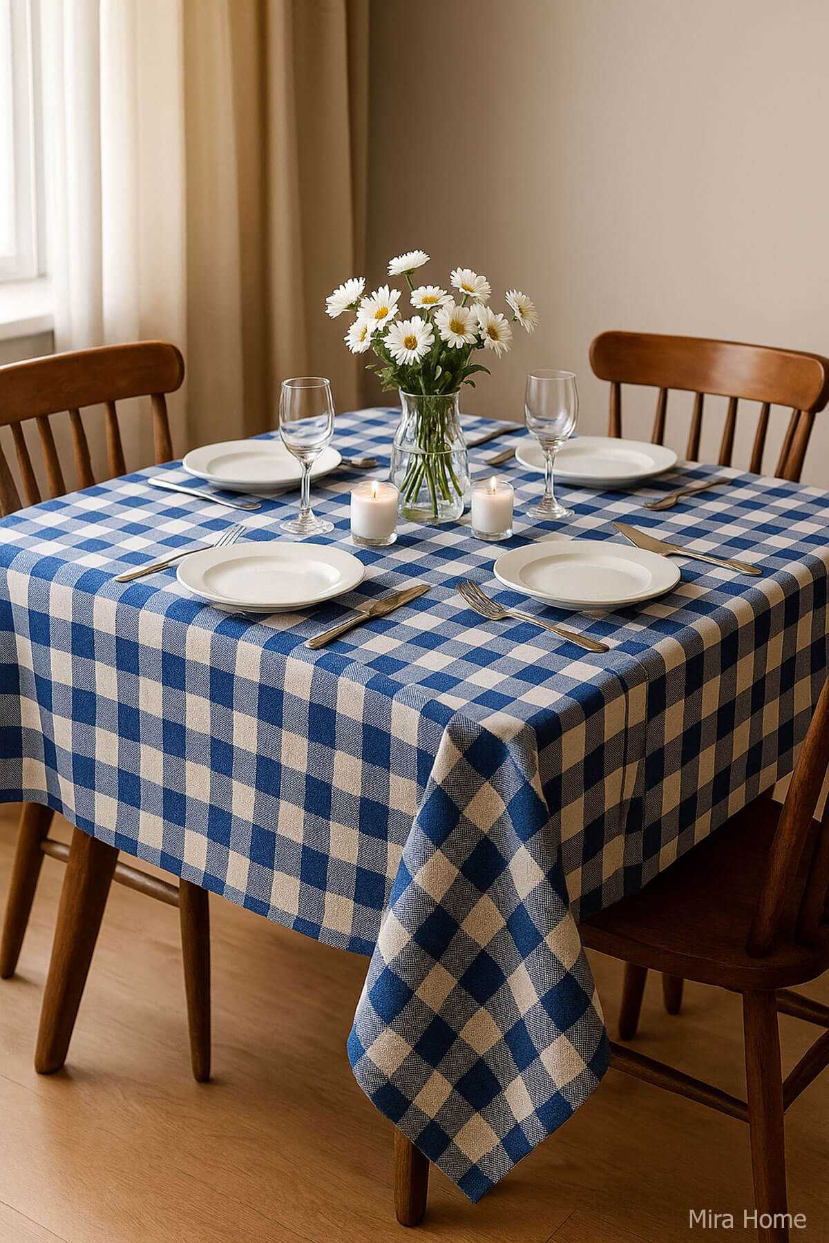 Fiber Kareli Masa Örtüsü Sofra Bezi Ekose Desen 160x160 Cm Mavi