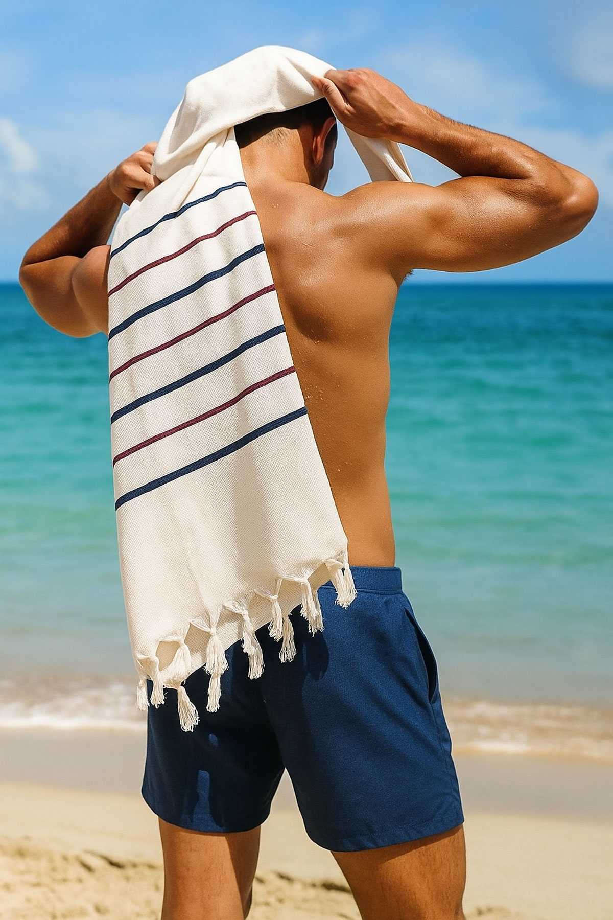 Peştemal Plaj Havlusu &amp;#37;100 Pamuklu 70x150 Cm  Beyaz Waves