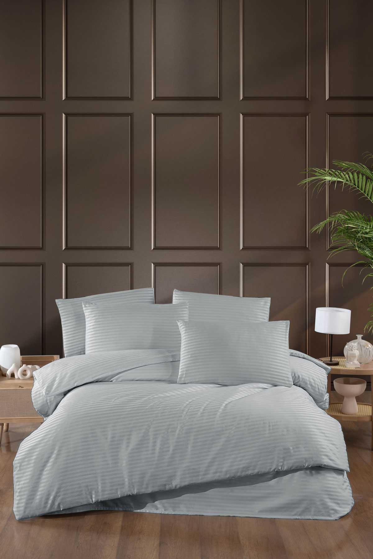 Stripe Saten Line Çift Kişilik Nevresim Takımı Gri