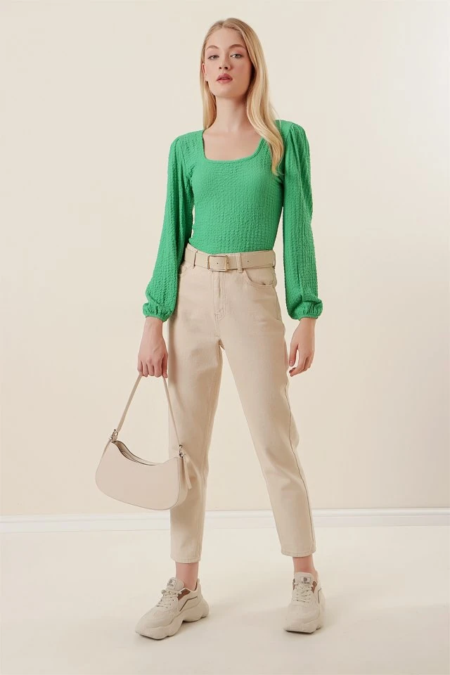 0442 Uzun Kollu Bluz - Yeşil