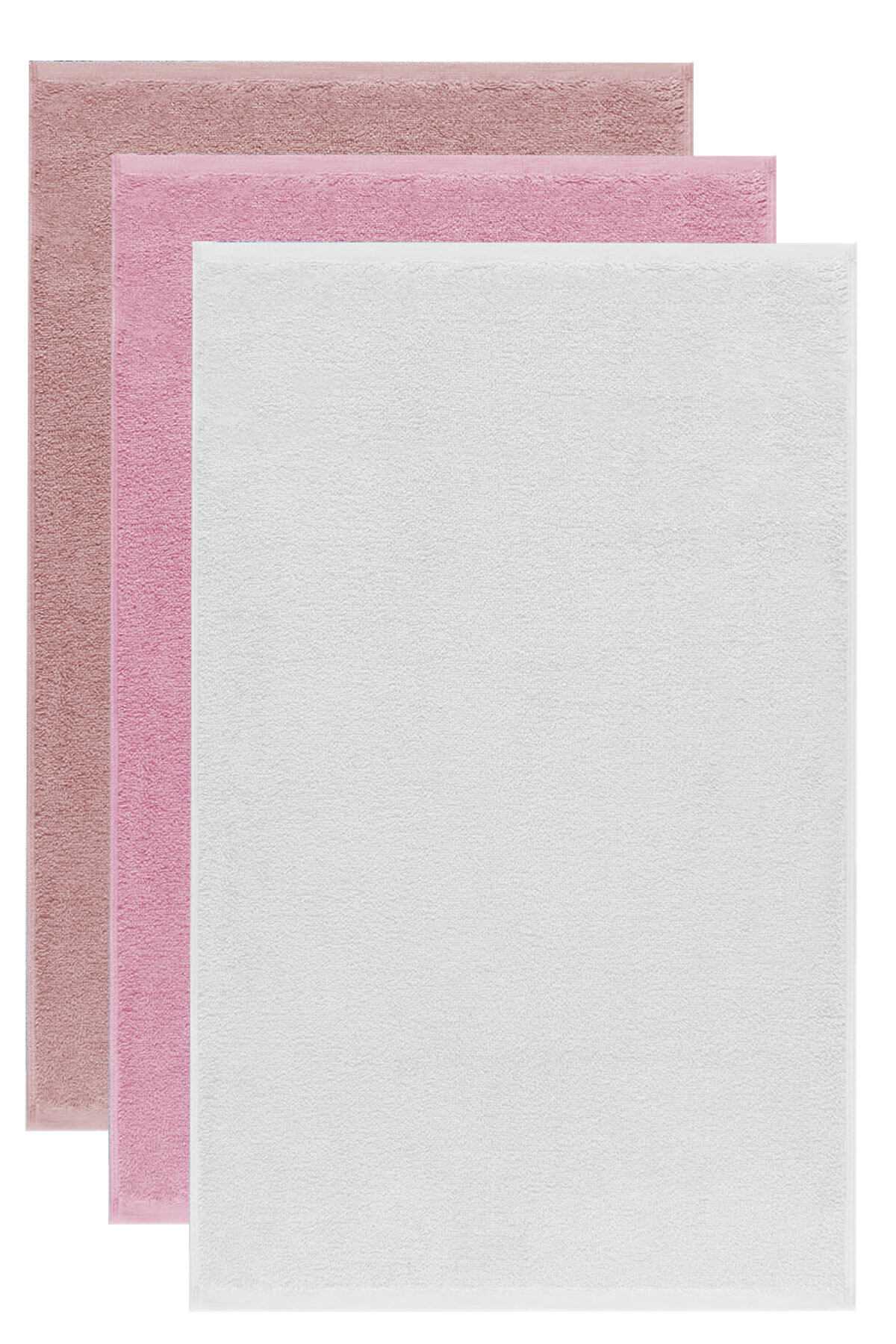 3 lü Düz Renk El Yüz Havlu Seti &amp;#37;100 Pamuklu 50x90 Cm Gül-Pembe-Beyaz