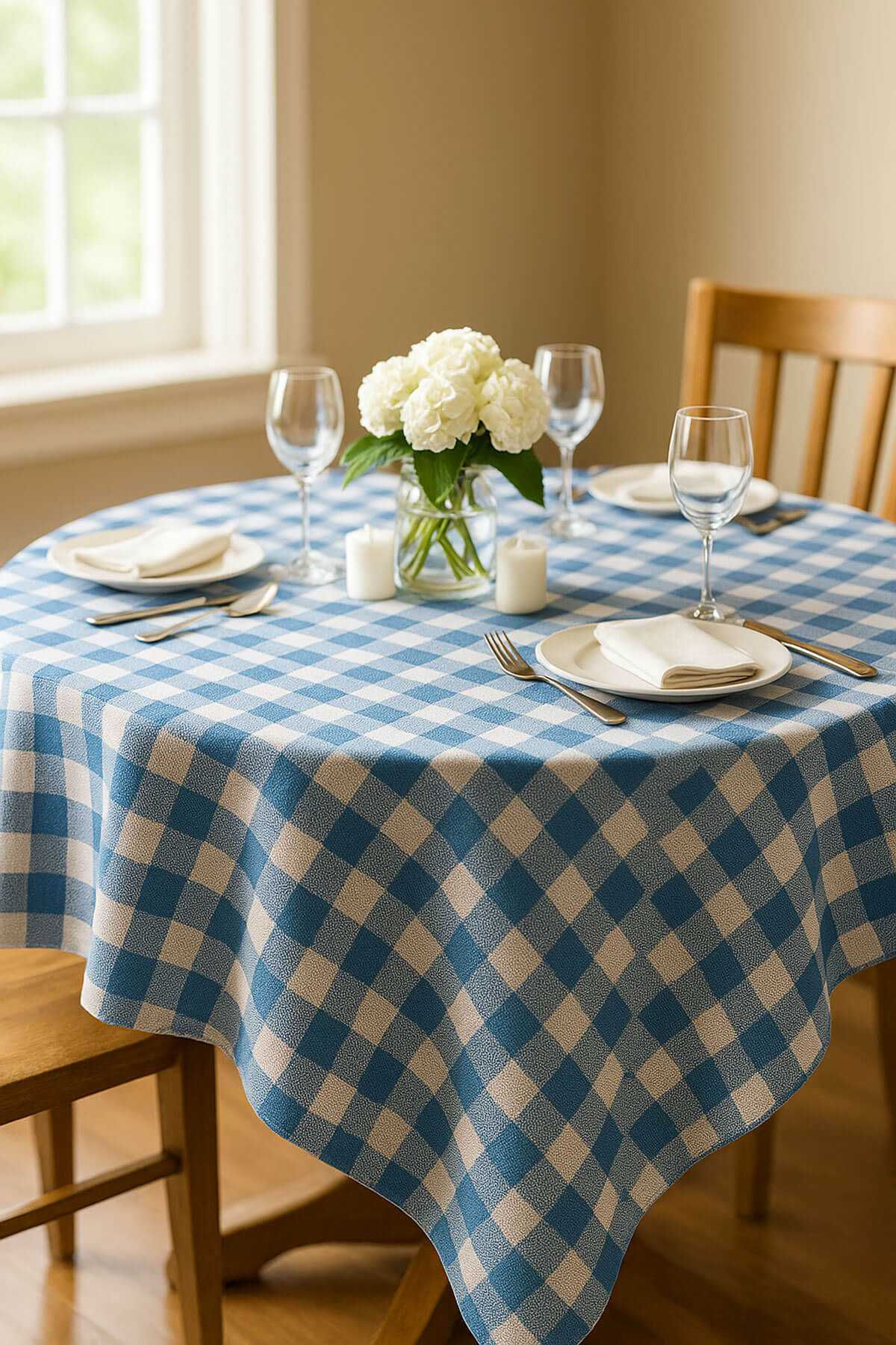 Fiber Kareli Masa Örtüsü Sofra Bezi Ekose Desen 160x160 Cm Turkuaz