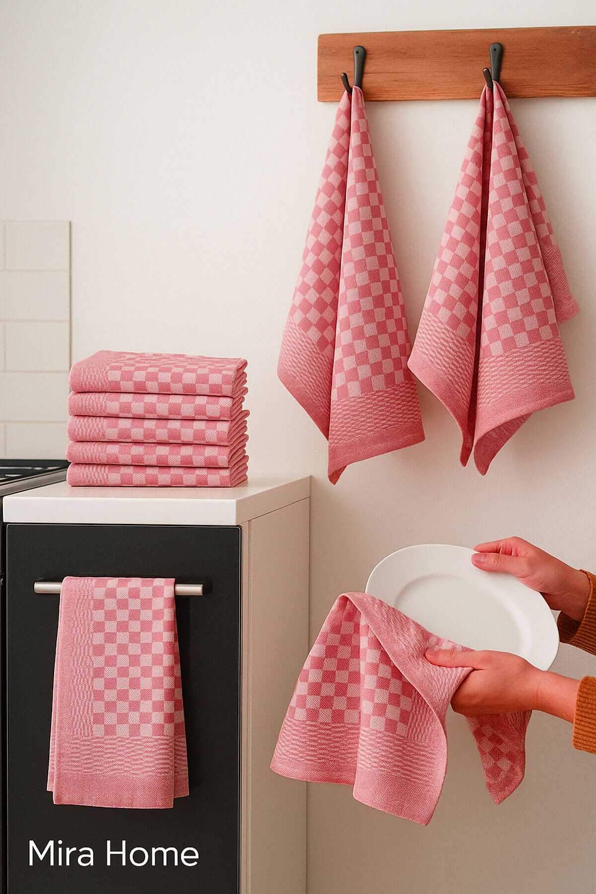 10 lu Dama Desenli Mutfak Kurulama Bezi 50x70 Cm  Kırmızı