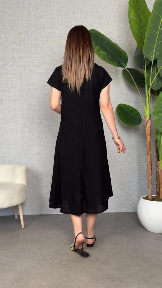 Kadın Kısa Kollu V Yaka Salaş Maxi Boy Elbise