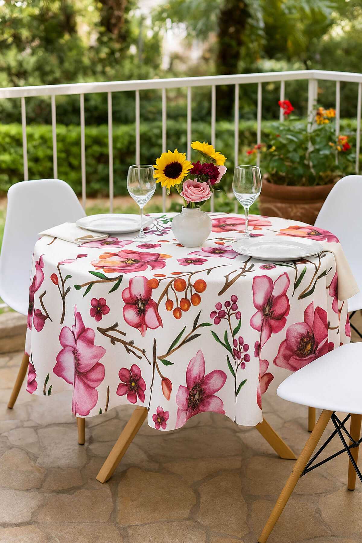 Yuvarlak Çiçek Desenli Duck Kumaş Masa Örtüsü 150x150 Cm