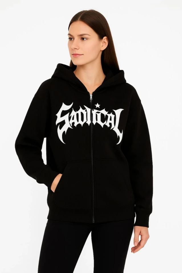 Oversize Kapüşonlu Sweatshirt  Hoodie 3 İplik Şardonlu Pamuklu Kumaş, Önü Baskılı, Fermuarlı Rahat Kalıp, Kışlık Ve Sokak Stili Sweat - Siyah