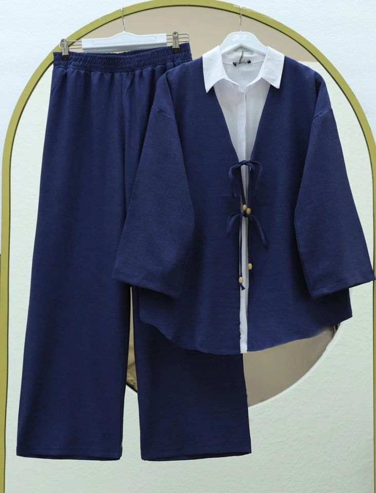 Önü Çift Bağlamalı Pantolonlu Kimono Takım -Laci
