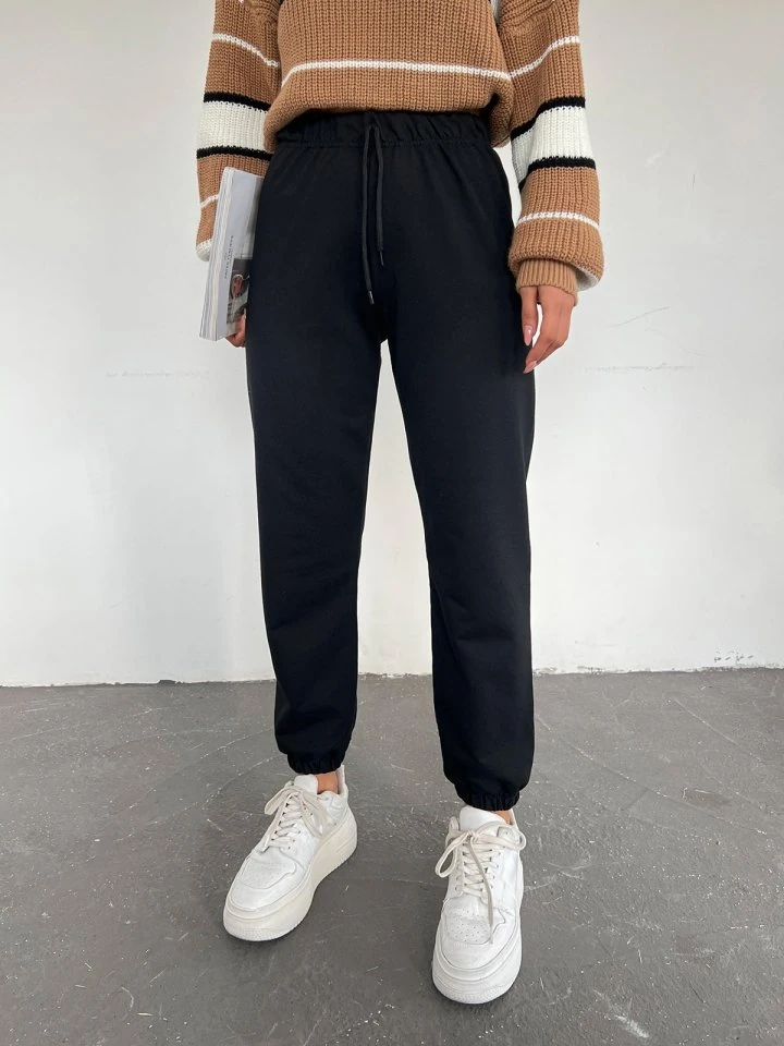 Beli Bağcıklı Eşofman Altı -Siyah