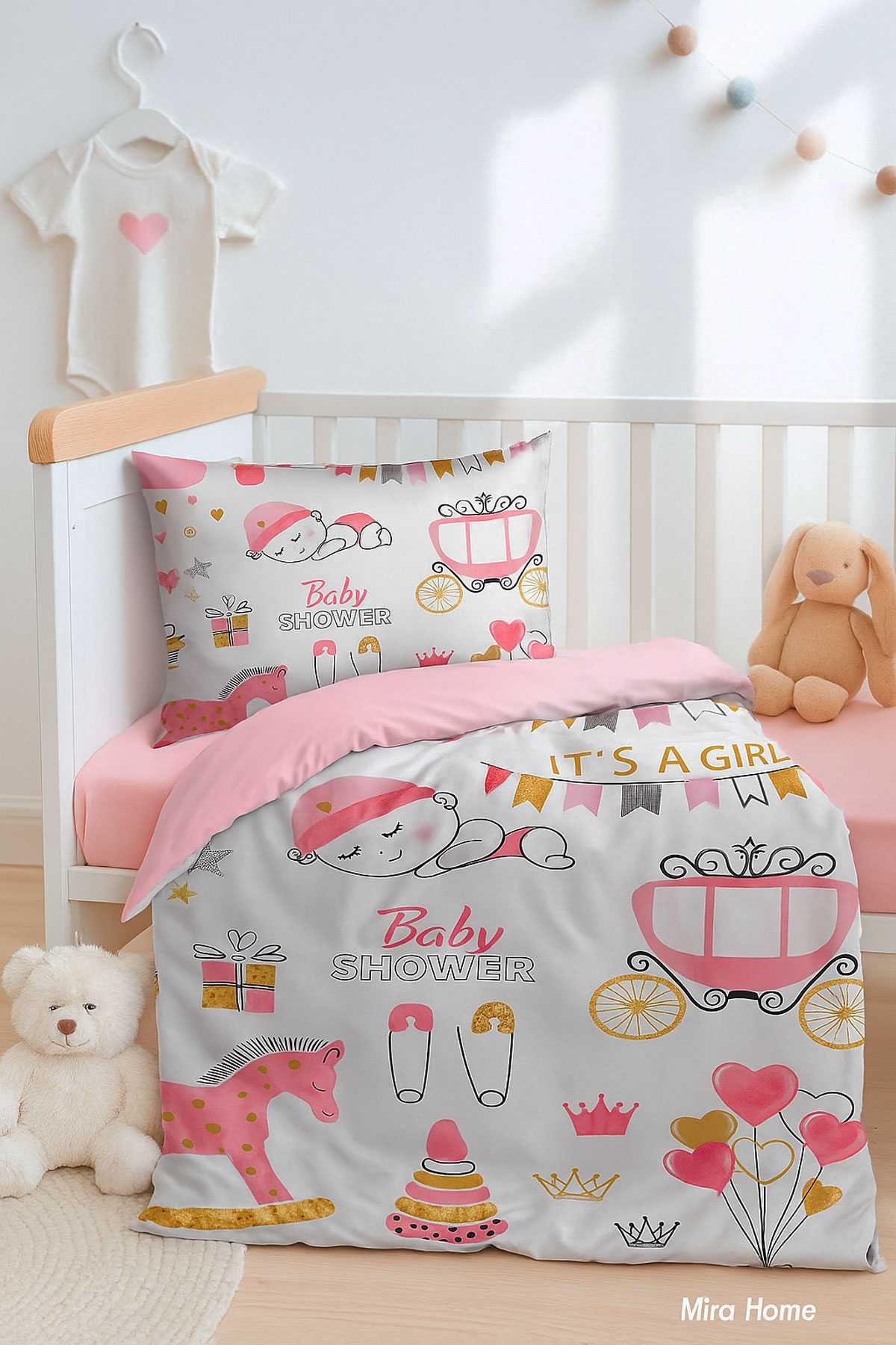 Dijital Baskılı 3d Pamuklu Yenidoğan Bebek Nevresim Takımı Happy Baby Shower