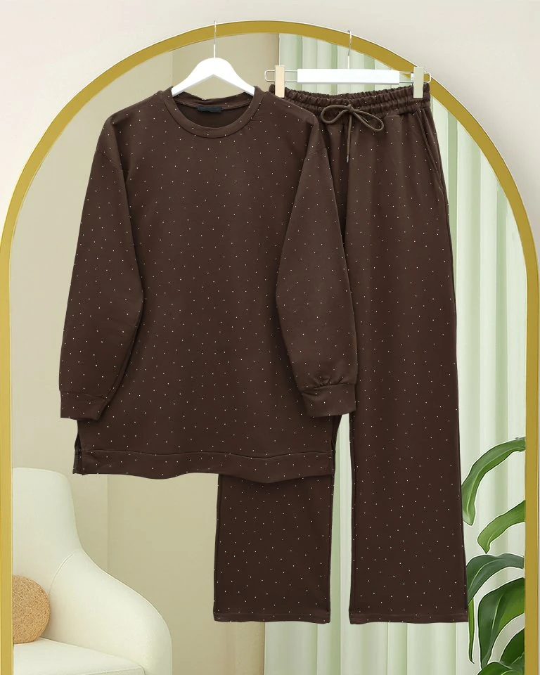Serpme Taş Detaylı Pantolonlu Oysho Takım  -Kahve