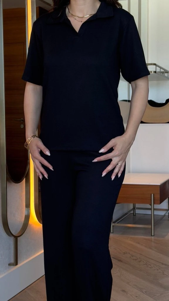 Kadın Kısa Kollu Yakalı Viskon Iki Iplik Bluz Ve Pantolon Ikili Takım