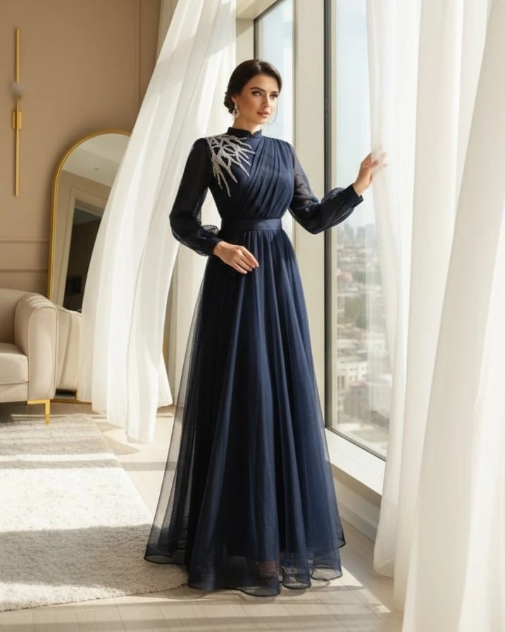 Önü Taş Detaylı Drapeli Kemerli Tül Abiye -Laci