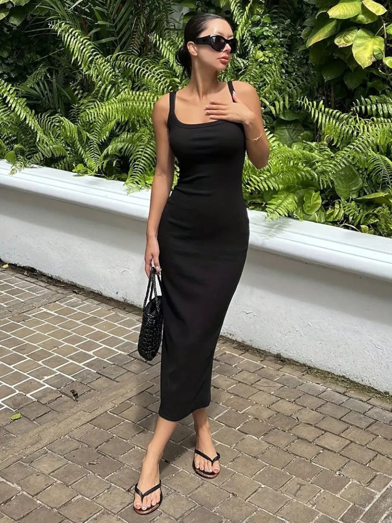 Kadın Ip Askılı Yuvarlak Yakalı Yırtmaçlı Midi Kaşkorse Elbise