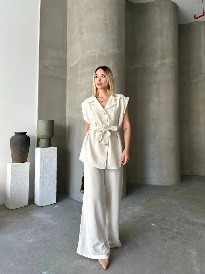 Keten Sıfır Kol Kuşaklı Ceket Pantolon Ikili Takım - Beyaz